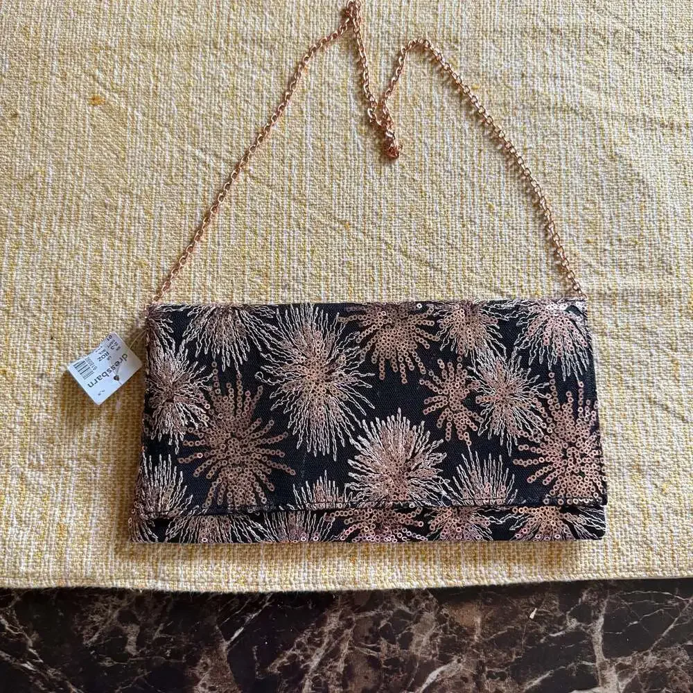 Dressbarn Black and Rose Gold Sequin Starburst Evening Clutch with Chain Strap